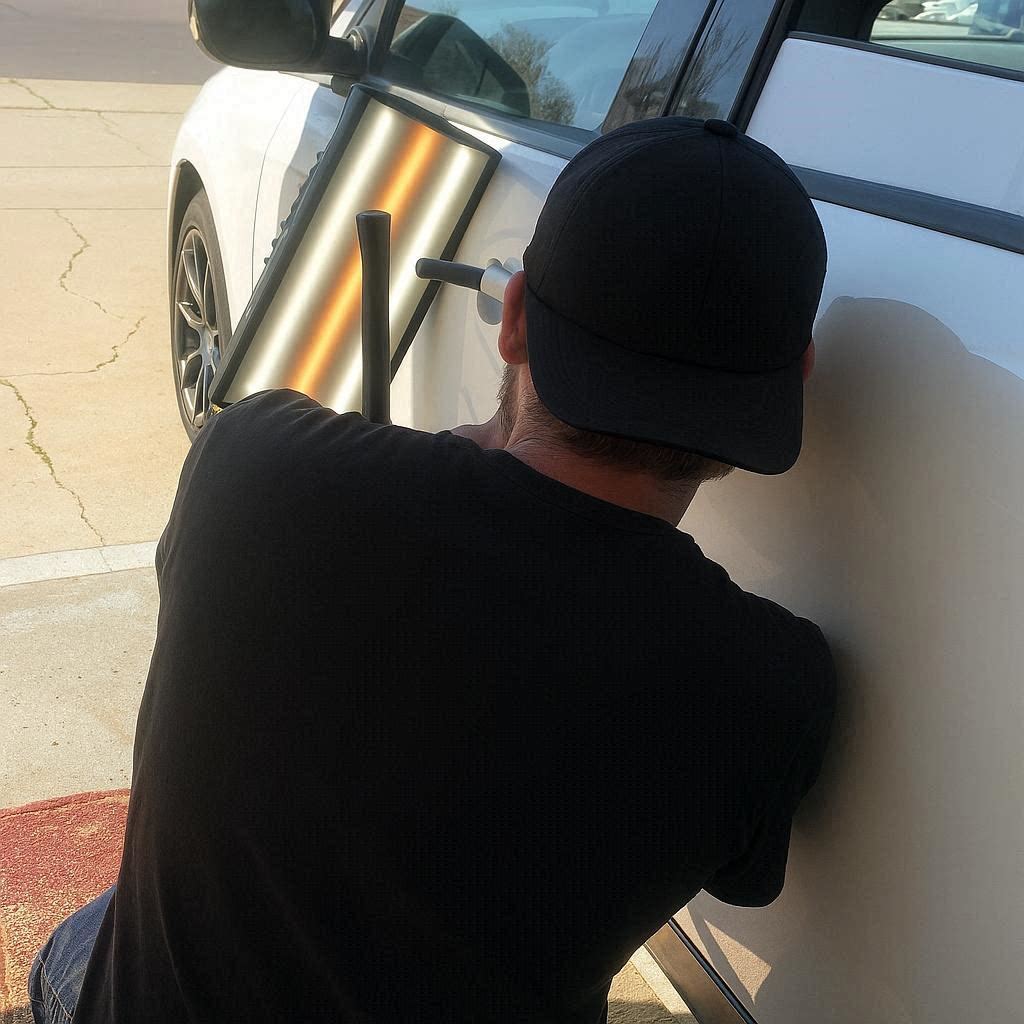 Niko performing paintless dent repair on a white Tesla